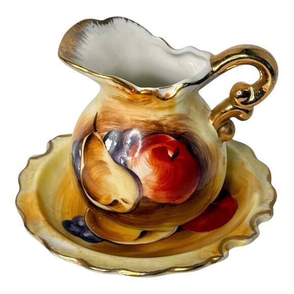 VTG Enesco CREAMER & SAUCER Pitcher Plate Fruit Apple Pear Grapes Gold Trim 3.5" - Picture 1 of 8